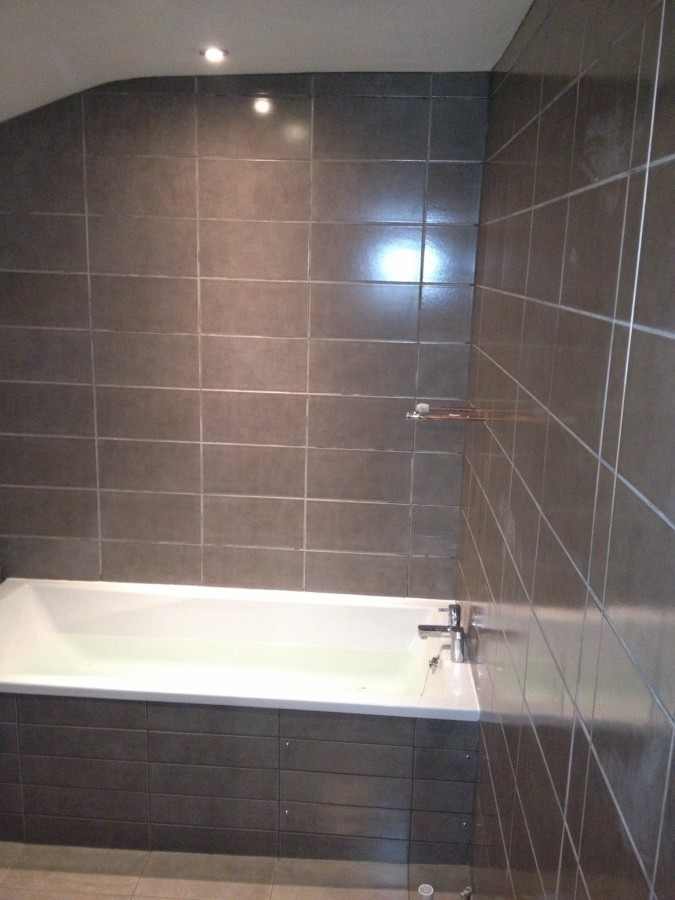 Large-format dark tiles around a bath