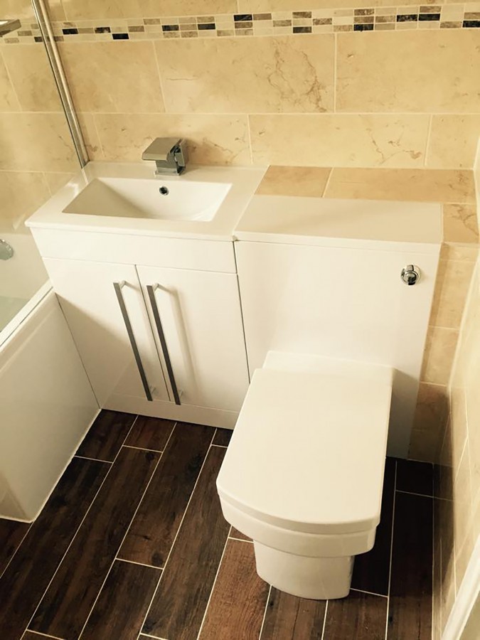 Combined vanity and toilet unit with plank-effect floor